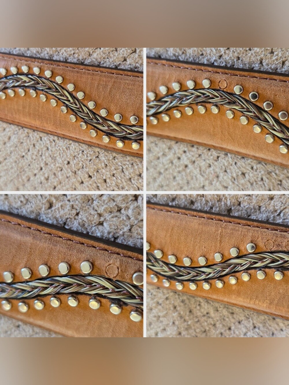 Vintage 1990's 3-D DDD Genuine Leather brown studded Braided Horse Hair Belt - Picture 4 of 16